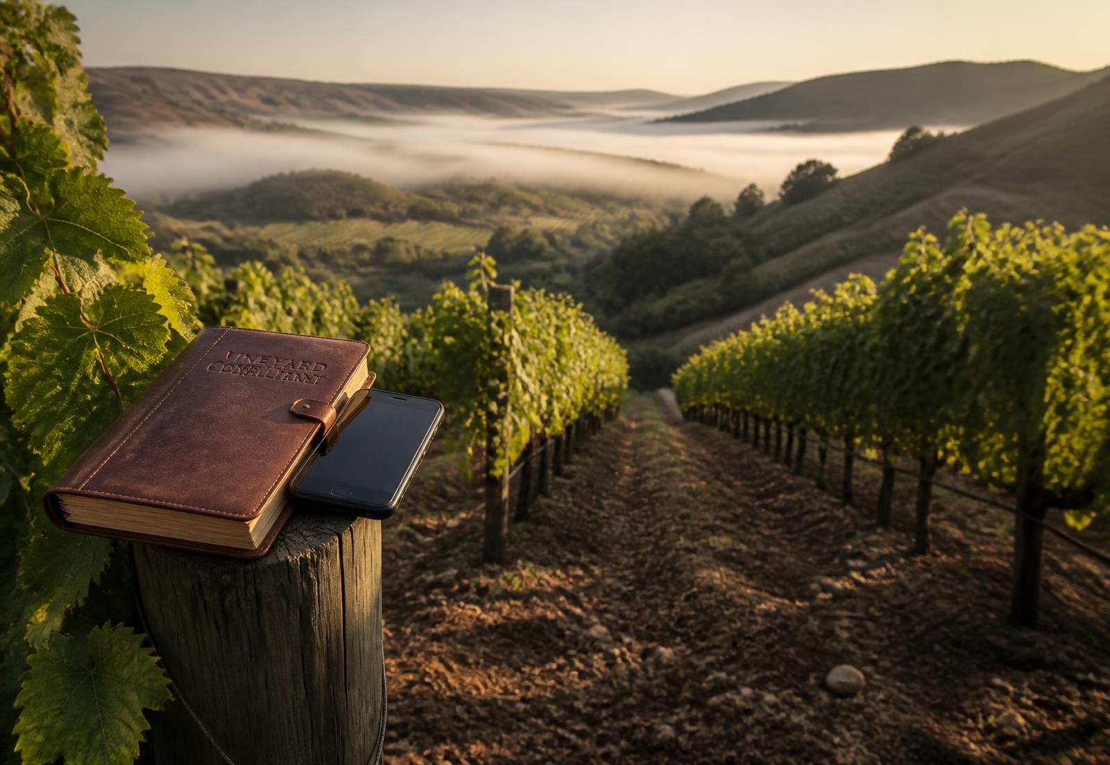 Vineyard rows at sunrise